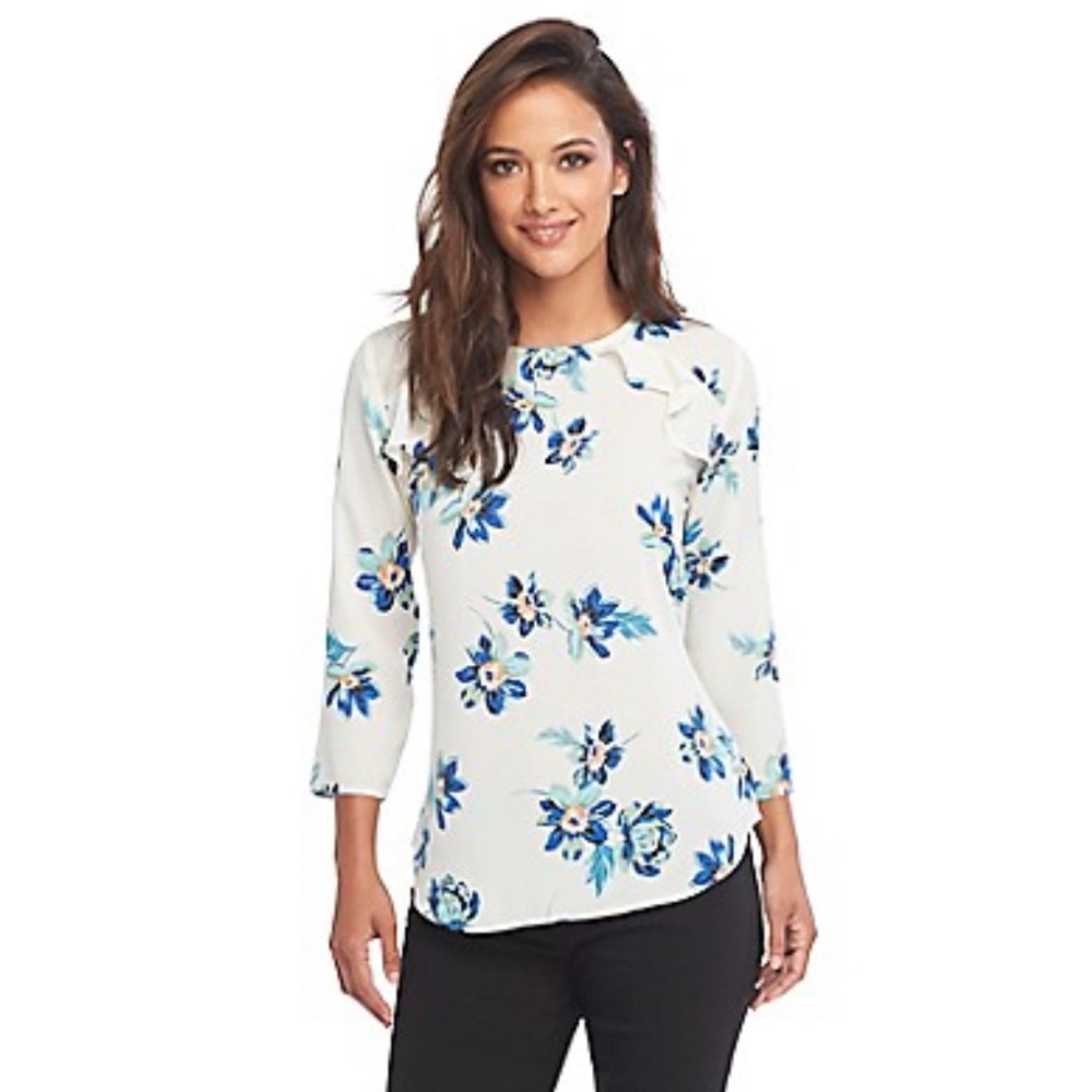 Van Heusen White Floral Ruffle Trim Blouse